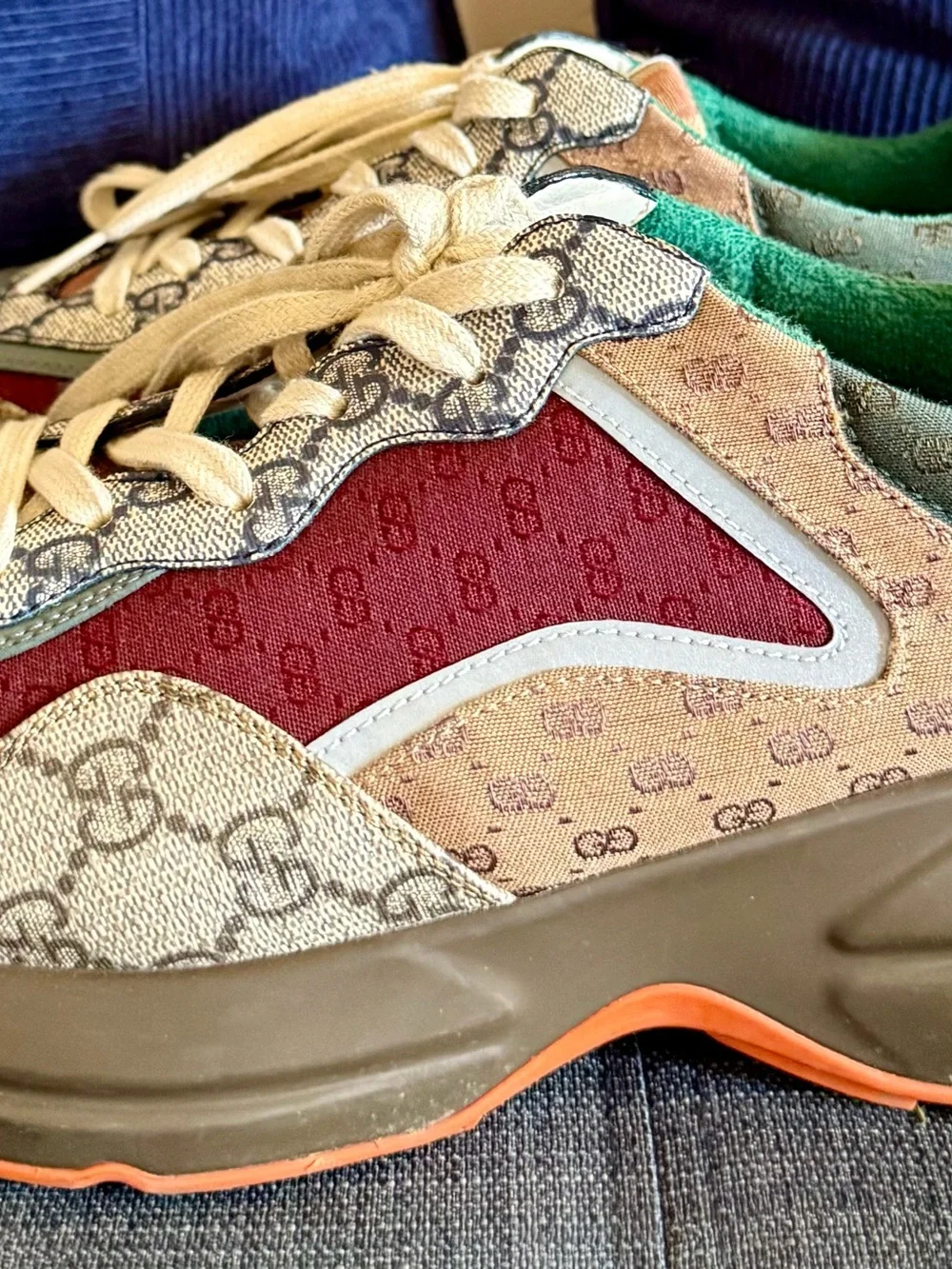 Gucci Multicolor Logo Panel Lace-Up Sneaker in Burgundy, Tan, Green